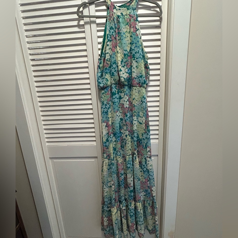 Lush Floral Halter Maxi Dress in Teal, Cream, and Pink
